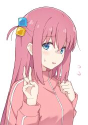 1girl absurdres blue_eyes blush bocchi_the_rock! commentary_request cube_hair_ornament flying_sweatdrops from_side gotoh_hitori hair_between_eyes hair_ornament highres jacket long_hair long_sleeves looking_at_viewer mimori_(mimori_05) one_side_up open_mouth peanut_mouth pink_hair pink_jacket sidelocks simple_background solo sweat track_jacket upper_body v white_background