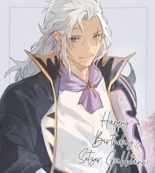 1boy ascot black_coat character_name closed_mouth coat final_fantasy final_fantasy_vi garbage_paper gold_trim grey_background grey_hair hair_between_eyes happy_birthday long_hair looking_at_viewer male_focus messy_hair parted_bangs portrait purple_ascot purple_eyes scar scar_across_eye scar_on_chin scar_on_face scar_on_forehead setzer_gabbiani shirt shoulder_spikes single_shoulder_pad smile solo spikes upper_body wavy_hair white_shirt