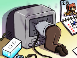 bikini broken calendar calendar_(object) controller crt idolmaster idolmaster_(classic) inflatable_armbands kisaragi_chihaya remote_control scarf smoke swimsuit takatsuki_yayoi television the_ring through_medium through_screen tissue tissue_box videocassette_recorder well yuutousei