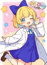 1girl ;d blonde_hair blue_bow blue_dress blue_eyes blue_hair blue_hairband blue_ribbon bow bow_hairband brown_shoes coat collared_shirt colored_inner_hair commentary_request dress dress_shirt hair_bow hairband lab_coat loafers looking_at_viewer medium_hair multicolored_hair neck_ribbon one_eye_closed onyhakase open_clothes open_coat open_mouth original pinafore_dress ribbon shirt shoes sleeveless sleeveless_dress smile socks solo two-tone_hair white_coat white_shirt white_socks