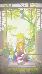 2girls absurdres ahoge animal_print bare_shoulders blonde_hair blue_skirt brushing_hair chinese_commentary closed_mouth comb commentary detached_sleeves door flower frog_hair_ornament frog_print gohei green_eyes green_hair hair_ornament hair_ribbon highres holding holding_comb indoors kochiya_sanae li_meng_shan long_hair long_sleeves looking_at_viewer moriya_suwako multiple_girls no_headwear orange_flower parted_bangs pink_flower plant potted_plant purple_skirt purple_vest red_ribbon ribbon ribbon-trimmed_skirt ribbon_trim rope seiza shide shimenawa shirt sitting skirt sleeveless sleeveless_shirt smile snake_hair_ornament thighhighs touhou tree tress_ribbon very_long_hair vest white_shirt white_thighhighs wide_sleeves yellow_eyes