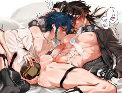2boys abs absurdres alternate_costume anal anal_object_insertion androgynous ass black_gloves black_shirt black_socks blush braid brown_hair closed_eyes erection eyeliner formal_clothes genshin_impact glans gloves gradient_hair green_eyes hair_between_eyes heart highres holding hwan_(mob_hwan) licking licking_nipple long_hair long_sleeves makeup male_focus male_penetrated mouth_hold multicolored_hair multiple_boys muscular muscular_male musical_note navel necktie necktie_in_mouth nipple_stimulation nipples object_insertion pectorals penis pillow precum saliva saliva_on_nipples shirt short_hair_with_long_locks simple_background socks spread_legs sucking_male_nipple suit sweat trap trembling twin_braids venti_(genshin_impact) white_necktie white_shirt yaoi zhongli_(genshin_impact)