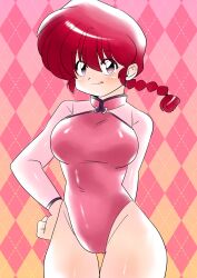 1girl argyle_background athletic_leotard blush braid breasts chinese_clothes hand_on_own_hip highleg highleg_leotard highleg_one-piece_swimsuit highres ichika_(sak4869) large_breasts leotard licking_lips looking_at_viewer one-piece_swimsuit pink_eyes pink_leotard ranma-chan ranma_1/2 red_hair solo tongue tongue_out