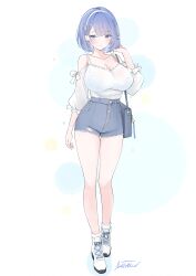 1girl absurdres adjusting_hair alternate_costume azur_lane bag bare_legs blue_bag blue_eyes blue_hair boots breasts casual chapayev_(azur_lane) collarbone commentary_request denim denim_shorts dress earrings full_body hairband hand_up handbag highres jewelry lace-up_boots large_breasts livetarica mole mole_on_breast puffy_short_sleeves puffy_sleeves short_hair short_sleeves shorts signature simple_background smile solo spaghetti_strap standing white_background white_boots white_dress white_hairband