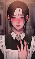 1girl anna_(lily_of_the_valley) apron artist_request black_dress blush brown_hair collared_shirt dress emotional flower frills indoors korean_webtoon_style lily_of_the_valley long_hair looking_at_viewer maid parted_lips shirt solo source_request upper_body white_apron