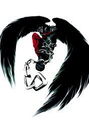 Rule 34 | 1boy, absurdres, black wings, chain, crossed arms, demon boy, demon horns, devil jin, feathered wings, fingerless gloves, flying, fujisawa tomio, full body, gloves, highres, horns, kazama jin, male focus, non-web source, official art, photoshop (medium), shaded face, simple background, solo, tekken, tekken tag tournament 2, white background, wings