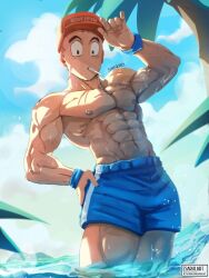 1boy abs absurdres biceps black_eyes candy cloud cloudy_sky dragon_ball food highres kuririn lollipop lollipop_in_mouth looking_at_viewer muscular muscular_male nipples ocean pectorals sarulart sky solo sunlight sweat thick_thighs thighs water