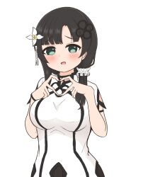 1girl aojiru_(nigaino1818) arm_cutout arm_strap assault_lily black_choker black_hair black_skirt blunt_bangs blush breasts choker commentary_request flower four-finger_heart_hands green_eyes hair_flower hair_ornament hair_over_shoulder hair_scrunchie hands_up heart heart_hands highres long_hair looking_at_viewer medium_breasts parted_lips pleated_skirt raised_eyebrows scrunchie shirt short_sleeves simple_background skirt solo standing tassel tassel_hair_ornament upper_body wang_yujia white_background white_flower white_scrunchie white_shirt wristband