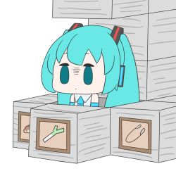 1girl absurdres aqua_hair bare_shoulders block_(object) blue_necktie bread chibi closed_mouth commentary detached_sleeves dot_mouth drawing_(object) expressionless flat_color food grey_shirt hair_ornament hatsune_miku hatsune_negame headphones highres long_hair minecraft necktie shirt solid_oval_eyes solo spring_onion stone tongs twintails very_long_hair vocaloid white_background
