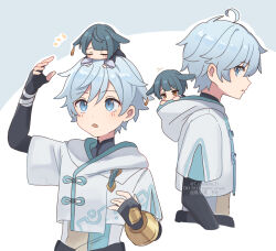 2boys ahoge animal_ears black_gloves blue_background blue_eyes blue_hair chongyun_(genshin_impact) closed_eyes commentary_request corn_kuten cropped_hoodie cropped_torso emphasis_lines fingerless_gloves genshin_impact gloves hood hoodie lop_rabbit_ears male_focus mini_person mini_person_on_head miniboy multiple_boys outline rabbit_ears short_hair simple_background surprised upper_body water white_background white_hoodie xingqiu_(genshin_impact) yellow_eyes