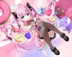 1girl :d ahoge black_footwear black_thighhighs blue_eyes blurry blurry_foreground bow braid brooch butterfly_wings candy chibi donut dress earrings food full_body hair_ornament hairclip heart heart_ahoge heart_brooch heart_earrings highres insect_wings jewelry kokoromo_memory looking_at_viewer multicolored_hair open_mouth phase_connect phase_connect_jp pink_bow pink_dress pink_hair pointy_ears purple_hair sidelocks sitting smile streaked_hair suimya thighhighs twin_braids twintails two-tone_hair valentine virtual_youtuber wings wispy_bangs wrist_cuffs xo