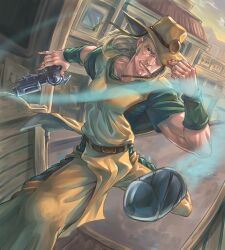 Rule 34 | 1boy, absurdres, adjusting clothes, adjusting headwear, belt, blonde hair, blue eyes, brown belt, bullet, cigarette, cleft chin, commentary, cowboy hat, emperor (stand), english commentary, grin, gun, handgun, hat, highres, hol horse, hold111, holding, holding gun, holding weapon, jojo no kimyou na bouken, long hair, male focus, one eye covered, outdoors, pants, short sleeves, smile, solo, stand (jojo), stardust crusaders, weapon