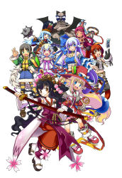 6+girls :d absurdres animal_ears aqua_seep_seal bare_shoulders belly_dancer black_hair black_legwear blonde_hair blue_eyes blue_hair bow breasts brown_eyes buckle card cat_ears cherry_blossoms conon_mildazzah_krakow crown cynfi_porat dancer dark-skinned_female dark_skin demon_girl detached_sleeves dress fairy fake_animal_ears fang fingerless_gloves flat_chest from_behind gloves goggles green_eyes hair_bow hat highres instrument japanese_clothes jewelry kanatarou katana key large_breasts long_hair looking_at_viewer looking_away louis_leondyke mace midriff mittens multiple_girls necklace official_art one_eye_closed open_mouth pantyhose pink_eyes pril pril_patowle princess raya_arcturus red_hair red_legwear ribbon rucka_iurienva_vincour rucka_iurievna_vinocour sakurako_kujo sheath short_hair shorts simple_background skirt smile socks striped_clothes striped_legwear striped_pantyhose sword tambourine thighhighs trouble_witches trouble_witches_ac trouble_witches_neo twintails very_long_hair wand weapon white_background white_hair white_legwear wink witch witch_hat yuki_longate