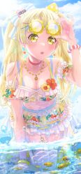 1girl absurdres alternate_costume bang_dream! bikini blue_sky blush bracelet breasts cloud cloudy_sky collar fish glasses highres jewelry kneeling long_hair medium_breasts michelle_(bang_dream!) on_water open_mouth outdoors sky solo swimsuit tsurumaki_kokoro tsurumaki_negi twintails water yellow_eyes