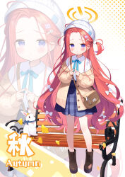 Rule 34 | 1girl, absurdres, alternate costume, bag, bench, blue archive, blue ribbon, blush, collared shirt, commentary, halo, hat, highres, long hair, miniskirt, orange halo, park bench, plaid clothes, plaid skirt, purple eyes, red hair, ribbon, shirt, shoulder bag, skirt, white shirt, yellow halo, yuzu (blue archive), zcx, zoom layer