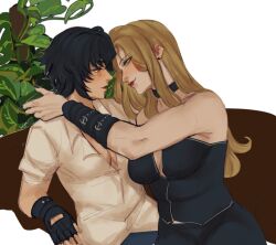 2girls belt black_hair blonde_hair blue_eyes breasts choker cleavage couple crop_top devil_may_cry_(series) gloves hejee highres lady_(devil_may_cry) large_breasts leather leather_pants long_hair multiple_girls navel pants scar scar_on_face scar_on_nose short_hair smile strapless trish_(devil_may_cry) tube_top yuri