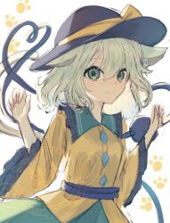 1girl animal_ears backlighting black_hat cat_day cat_ears cat_girl cat_tail closed_mouth commentary cowboy_shot frilled_shirt_collar frilled_sleeves frills green_eyes green_hair green_skirt hair_between_eyes hands_up hat heart heart_of_string highres kemonomimi_mode komeiji_koishi long_sleeves looking_at_viewer medium_hair paw_print shirt simple_background sketch skirt smile solo sun_hat tail tail_raised third_eye touhou tsukikusa w_arms watermark white_background wide_sleeves yellow_shirt