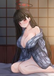 1girl bare_shoulders black_hair blue_archive blunt_bangs blush breasts cleavage commentary_request hair_ornament hairclip halo highres japanese_clothes kimono large_breasts long_hair looking_at_viewer off_shoulder red_eyes ringed_eyes rio_(blue_archive) sash seiza shira_hon sitting solo very_long_hair yukata