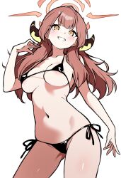 1girl ahoge alternate_costume areola_slip aru_(blue_archive) bikini black_bikini blue_archive blunt_bangs blush breasts commentary contrapposto cowboy_shot demon_horns ecgg_(tsuji418477) halo horns long_hair looking_at_viewer low_horns medium_breasts navel orange_eyes orange_halo parted_lips red_hair side-tie_bikini_bottom simple_background smile solo standing string_bikini swimsuit white_background