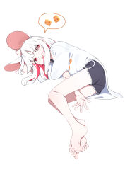 1girl absurdres animal_ears barefoot black_shorts cheese dolphin_shorts feet food highres lying mouse_ears mouse_tail on_side original red_eyes shirt shorts simple_background soles solo tail toes toombo12 white_background white_hair white_shirt