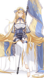 1girl absurdly_long_hair absurdres arknights asymmetrical_gloves black_gloves blonde_hair blue_eyes blue_hairband breasts chinese_commentary closed_mouth collarbone commentary_request feet film_grain fingerless_gloves flag full_body gloves hair_between_eyes hairband highres holding holding_flag innoarukugyou large_breasts long_hair looking_at_viewer mismatched_gloves no_shoes pointy_ears saileach_(arknights) simple_background sitting smile solo stirrup_legwear thighhighs toeless_legwear toes uroko_(pattern) very_long_hair white_background white_gloves white_thighhighs
