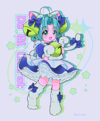 1girl absurdres antenna_hair apron bell blue_dress bow cat_tail dejiko di_gi_charat dress drop_shadow echochan3 full_body green_eyes green_hair hair_bell hair_ornament highres open_mouth paw_pose short_hair solo standing star_(symbol) tail tail_bow tail_ornament white_apron