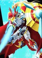 armor asymmetrical_dual_wielding blue_background cape digimon digimon_(creature) dual_wielding dukemon dukemon_x-antibody energy_blade full_body green_eyes highres holding holding_polearm holding_shield holding_weapon knight lance musya55817292 polearm red_cape shield solo weapon white_armor
