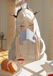 1girl absurdres ahoge blue_archive blush book cake coffee_mug cup demon_girl demon_horns door food highres hina_(blue_archive) holding holding_book horns indoors katachi long_hair mug purple_eyes shirt sitting solo swiss_roll table white_hair white_shirt