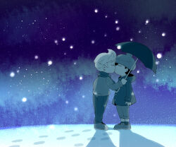bad_tag black_hair boots child hat kiss lucas_(mother_3) mother_(series) mother_2 mother_3 ness_(mother_2) nintendo ohana_sunflower pants scarf shota snow super_smash_bros. sweater umbrella winter