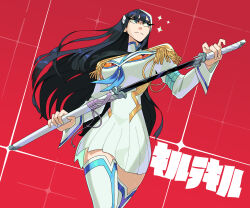 Rule 34 | 1girl, bakuzan, black hair, blue eyes, blue necktie, boots, breasts, caranvolo, commentary, dress, dutch angle, english commentary, epaulettes, from below, highres, holding, holding sword, holding weapon, junketsu, katana, kill la kill, kiryuuin satsuki, large breasts, living clothes, long hair, necktie, pleated dress, red background, school uniform, sheath, sheathed, short dress, solo, sparkle, sword, thick eyebrows, thigh boots, thighhighs, unsheathing, weapon, white boots, white dress, zettai ryouiki