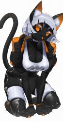 Rule 34 | 1girl, absurdres, android, black jacket, black sclera, black skin, blunt bangs, bodysuit, breasts, cat girl, cat tail, claws, cleavage, collar, colored sclera, colored skin, colored tongue, crop top, echanis enicha, highres, jacket, kneeling, large breasts, looking at viewer, original, red nails, short eyebrows, tail, thick eyebrows, thighhighs, tongue, tongue out, white background, white hair, yellow eyes, yellow tongue
