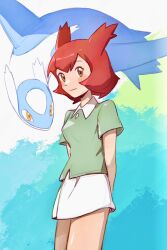 1girl arms_behind_back bianca_(pokemon_heroes) blush breasts brown_eyes closed_mouth commentary_request cowboy_shot day eyelashes gen_3_pokemon green_shirt highres latios legendary_pokemon nintendo outdoors pokemon pokemon_(anime) pokemon_(classic_anime) pokemon_(creature) pokemon_heroes:_latios_&amp;_latias potori3939 red_hair shirt short_sleeves skirt small_breasts smile two_side_up white_skirt