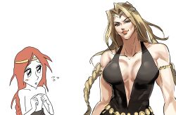 1boy 1girl absurdres armlet bare_shoulders belt blonde_hair braid breasts circlet closed_mouth collarbone comically_sharp_chin cropped_torso double-parted_bangs dress elden_ring gold_circlet halter_dress halterneck hands_out_of_frame hanny_(uirusu_chan) highres index_fingers_together jewelry kazuya_guy_(meme) large_breasts long_hair meme midriff_peek no_bra plunging_neckline queen_marika_the_eternal radagon_of_the_golden_order red_hair single_braid size_difference toned toned_female twin_braids very_long_hair white_background yellow_eyes
