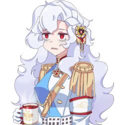 1girl aiguillette alpha_(alpha_1918) armband blank_eyes blue_sash buttons coffee collar cross cross_pendant cup epaulettes exhausted findoworld fluffy fluffy_hair frown gloves gold_buttons gold_trim hair_ornament hair_over_shoulder holding holding_cup lips long_hair military military_uniform open_mouth original red_eyes red_sleeve_cuffs russian_empire sash sleeve_cuffs solo sputnik_and_pogrom steam sticker transparent transparent_background very_long_hair white_gloves white_hair