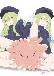 Rule 34 | 2girls, barefoot, blue archive, feet, flat color, foot pussy, green hair, grin, hat, highres, hikari (blue archive), long hair, looking at viewer, multiple girls, nozomi (blue archive), parted lips, pokokaki, smile, soles, toes, yellow eyes