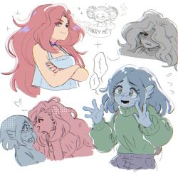 blue_skin breasts chelsea_van_der_zee choker cleavage colored_skin earrings green_eyes highres hoop_earrings jewelry long_hair medium_breasts monster_girl multiple_girls pants red_hair ruby_gillman:_teenage_kraken ruby_gillman_(character) shorts squid_girl striped_clothes striped_thighhighs sweater thighhighs