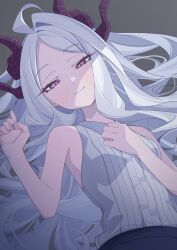 1girl absurdres ahoge black_skirt blue_archive blush collared_shirt commentary demon_girl demon_horns forehead grey_background half-closed_eyes highres hina_(blue_archive) horns kafueore long_hair looking_at_viewer lying official_alternate_costume on_back parted_bangs pencil_skirt purple_eyes shirt sidelocks simple_background skirt sleeveless sleeveless_shirt smile solo upper_body wavy_hair white_hair white_shirt