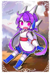 Rule 34 | 1girl, blue boots, blue gloves, blurry, blurry background, boots, character name, chibi, colored skin, copyright name, dragon girl, dragon horns, eyelashes, freedom planet, freedom planet 2, full body, galaxytrail, gloves, headgear, highres, horns, japanese clothes, looking at viewer, low twintails, pink eyes, purple hair, sash lilac, shirt, sleeveless, sleeveless shirt, solo, twintails, usui yuki, white skin
