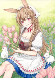 1girl animal animal_ear_fluff animal_ears apron blue_bow blue_skirt blush bow braid braided_ponytail breasts brown_hair bustier chin_strap cleavage collarbone commentary_request feet_out_of_frame floral_print flower frilled_apron frilled_hat frilled_shirt frilled_sleeves frills grass grin hair_intakes hair_over_shoulder hat head_wreath highres holding holding_flower long_hair looking_at_viewer medium_breasts mob_cap omagari_kei on_grass original painting_(medium) pink_flower pink_tulip print_apron puffy_short_sleeves puffy_sleeves rabbit rabbit_ears rabbit_girl rearing red_bow red_eyes red_ribbon ribbon shirt short_sleeves sidelocks signature sitting skirt smile solo sunlight teeth traditional_media tulip twitter_username very_long_hair waist_apron watercolor_(medium) white_apron white_hat white_rabbit_(animal)