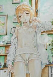 blonde_hair blush boyshort_panties covered_erect_nipples covered_navel cutlass_(girls_und_panzer) dress_shirt fingernails girls_und_panzer gluteal_fold highres katsu_(24791909) light_rays marker_(medium) painting_(object) petite shirt short_hair traditional_media underwear window yellow_eyes