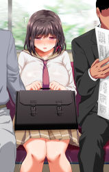 1girl 2boys ^^^ aneshiko bag blush braid breasts briefcase brown_hair brown_sailor_collar brown_skirt chikan clenched_hands collarbone hair_ribbon half-closed_eyes hetero highres holding holding_bag indoors knees_together_feet_apart large_breasts long_sleeves looking_down miniskirt multiple_boys necktie open_mouth original pink_eyes pink_ribbon pleated_skirt red_necktie ribbon sailor_collar school_bag school_briefcase school_uniform seat serafuku shiny_clothes shirt short_hair sidelocks single_braid sitting skirt solo_focus straight-on sweat train_interior white_shirt window