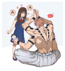 1boy 1girl absurdres angry blue_dress body_markings brown_eyes brown_hair catching character_doll chop clenched_hand collar doll dress extra_arms highres holding holding_doll jujutsu_kaisen long_hair looking_at_another okkotsu_yuuta orange_hair orimoto_rika patterned_background pout ryoumen_sukuna_(jujutsu_kaisen) ryoumen_sukuna_(true_form)_(jujutsu_kaisen) sitting sleeveless sleeveless_dress slip-on_shoes topless_male yoon_(dmsco1803)