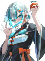 Rule 34 | 1girl, aqua eyes, aqua hair, aqua nails, blunt bangs, chinese clothes, colored inner hair, commentary request, detached hair, food, food-themed hair ornament, glowing, hair ornament, highres, holding, holding food, holding orange, holding popsicle, kotatsukarakita, looking at viewer, multicolored hair, nail polish, orange hair ornament, original, popsicle, popsicle hair ornament, simple background, solo, streaked hair, white background, white hair, wide sleeves