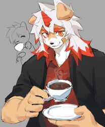 1boy absurdres arknights bandaid bandaid_on_cheek bandaid_on_face black_suit colored_tips commentary cross_scar cup doodle_inset facial_scar fang formal_clothes furry furry_male grey_background highres holding holding_cup holding_saucer horns hung_(arknights) joeyz komainu_boy komainu_ears male_focus multicolored_hair red_shirt saucer scar scar_on_cheek scar_on_face shirt single_horn sketch skin_fang smile suit symbol-only_commentary upper_body
