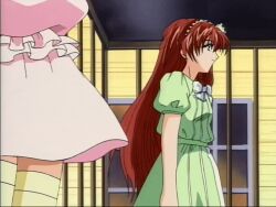 1boy 1girl animated animated_gif brother_and_sister bulge cage censored crossdressing dress erection erection_lifting_skirt erection_under_clothes evening hair_tied_up haitoku_no_shoujo house red_hair siblings skirt trap