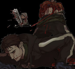 2boys absurdres black_background black_gloves black_hoodie blood blood_from_forehead blood_on_clothes blood_on_face blood_on_mouth bloodshot_eyes bloody_tears bloody_weapon brown_hair chainsaw chibi chibi_inset coughing coughing_blood cry_of_fear david_leatherhoff facial_hair fingerless_gloves gloves goatee_stubble grey_hoodie guro highres holding holding_chainsaw hood hood_up hoodie intestines ju-san leaning_on_self lying male_focus messy_hair multiple_boys on_ground on_stomach organs outline print_hoodie running short_hair simon_henriksson_(book) spine spread_fingers stubble sweat turtleneck upper_body weapon white_outline