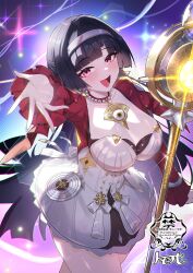 Rule 34 | 1girl, astra yao, black hair, breasts, cleavage, commentary request, dress, earrings, hairband, highres, holding, holding microphone, jacket, jewelry, large breasts, long hair, looking at viewer, matsumoto tomoyohi, microphone, necklace, open mouth, pearl necklace, purple eyes, red jacket, solo, thighs, very long hair, white dress, white hairband, zenless zone zero