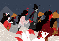 6+girls andythelemon bell black_hair colored_skin demon demon_girl eyelashes facial_mark hat horns kitsune long_hair multiple_girls original red_skin sharp_teeth spirit steam teeth whisker_markings