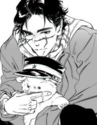 1boy animal bear black_hat closed_mouth commentary english_commentary facial_scar golden_kamuy hat holding holding_animal imperial_japanese_army luke_skyfaller military_hat scar scar_on_cheek scar_on_face scar_on_mouth scar_on_nose scarf sideburns smile sugimoto_saichi thick_eyebrows yellow_scarf