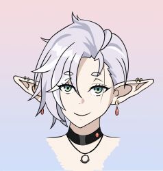 Rule 34 | 1girl, alternate hairstyle, black choker, choker, choppy bangs, commentary, ear piercing, earrings, elf, english commentary, frieren, gradient background, green eyes, highres, its tsuica, jewelry, light smile, looking at viewer, pendant, piercing, pointy ears, portrait, short hair, smile, solo, sousou no frieren, thick eyebrows, upper body